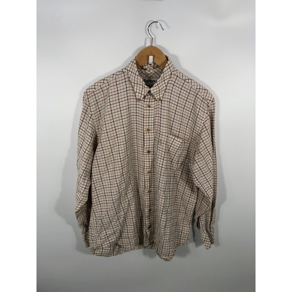 Barbour Comfort Fit Mens Button Down Long Sleeve Shirt L Orange White Plaid